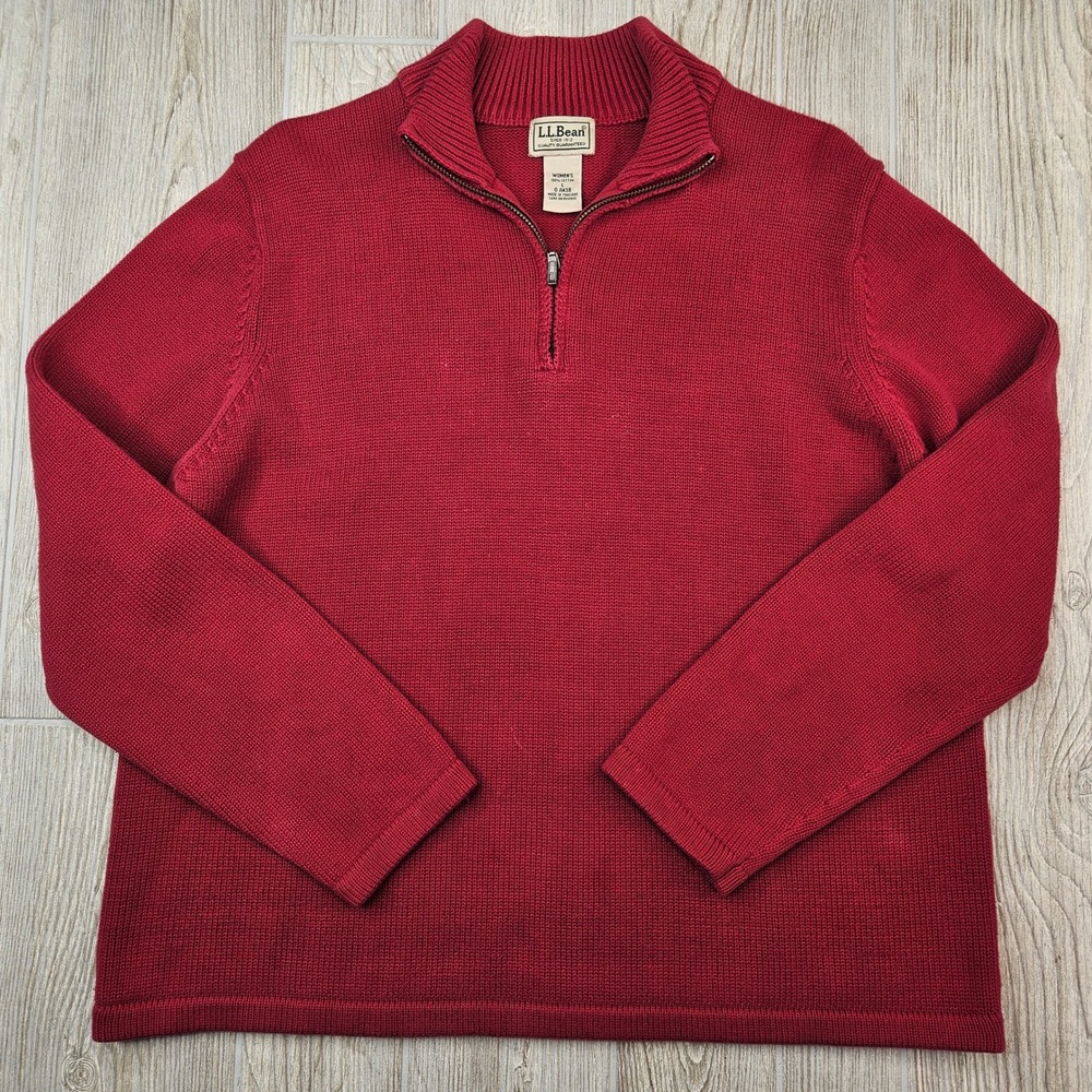 LL Bean Womens Red 100% Cotton Quarter Zip Pullover Sweater Size Large L